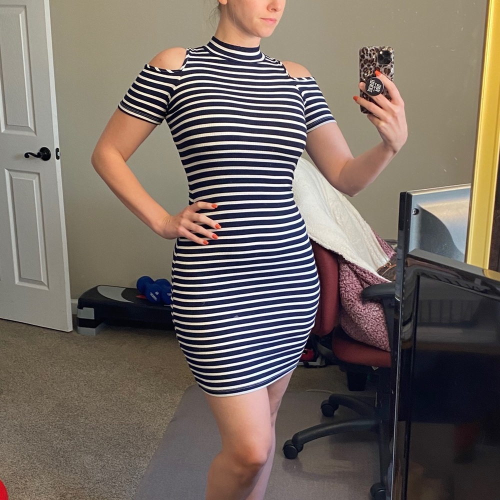 Cold shoulder mock-neck striped dress